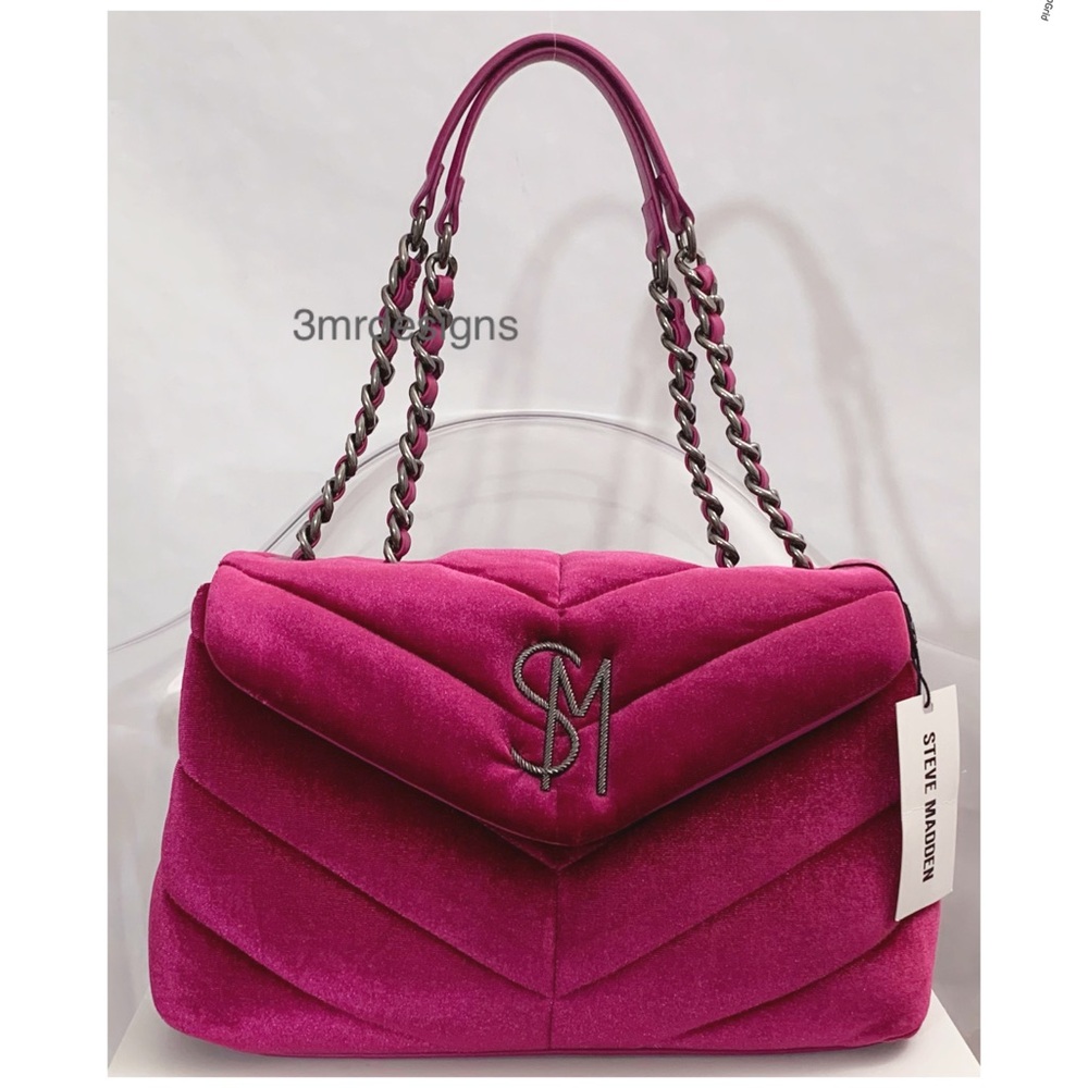NWT Steve Madden Quilted Dark Fuchsia Velvet Faux Leather Shoulder Bag